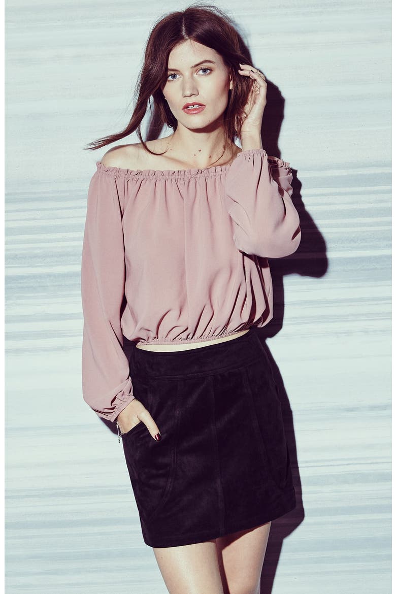 ASTR Off the Shoulder Long Sleeve Crop Blouse, Alternate, color, DARK MAUVE