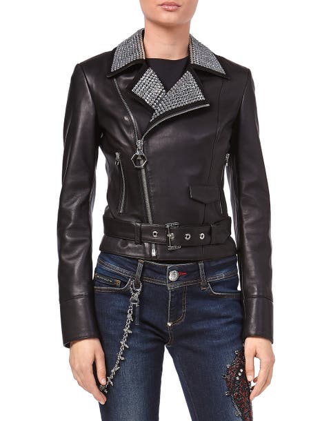 Crystal Embellished Nappa Leather Biker Jacket Women