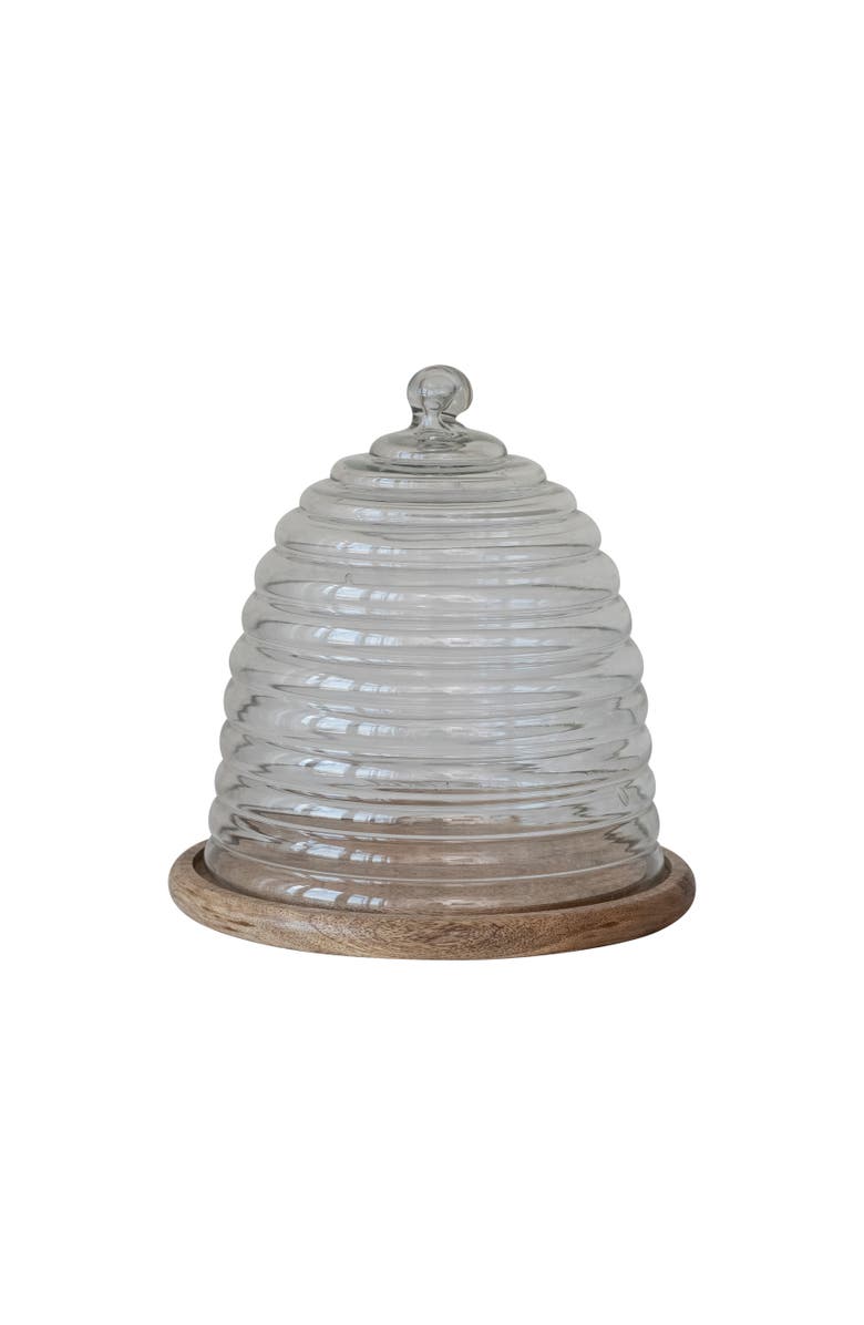 Storied Home Reclaimed Etched Glass Beehive Shaped Cloche with Mango Wood Base, Main, color, Clear