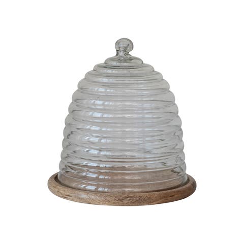 Reclaimed Etched Glass Beehive Shaped Cloche with Mango Wood Base