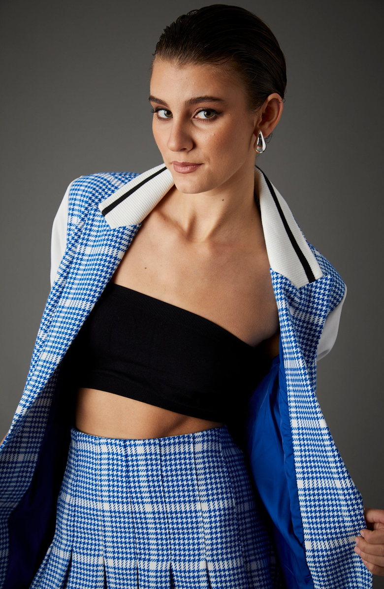 BLUE REVIVAL Varsity Blazer Santorini Blue Houndstooth, Alternate, color,