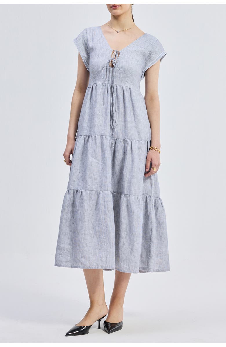 Reistor Gathered Tiered Dress with Front-ties - Linen stripes, Main, color, Pin Striped Linen