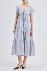 Reistor Gathered Tiered Dress with Front-ties Linen stripes