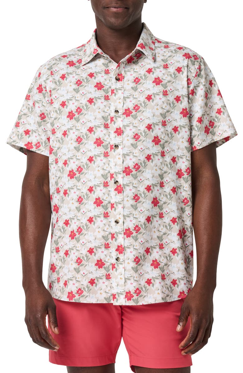 TravisMathew Techwoven Fairway Floral Short Sleeve Performance Button-Up Shirt, Main, color, Italian Sand