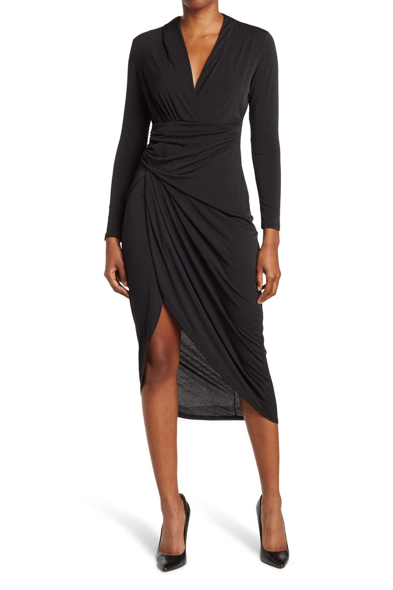 Long Sleeve Asymmetrical Dress, Main, color, BLACK
