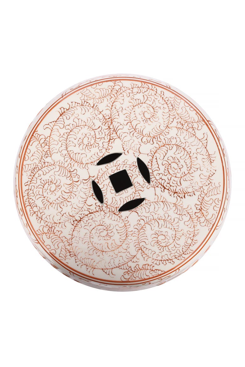 Double Happiness Traditional Ceramic Garden Stool, Indoor/Outdoor Chinoiserie Double Happiness Patio Drum Accent Side Table, Alternate, color, Orange/White