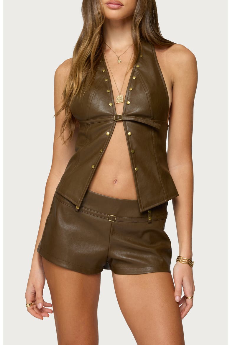 Reese Studded Split Front Faux Leather Halter Top, Main, color, BROWN