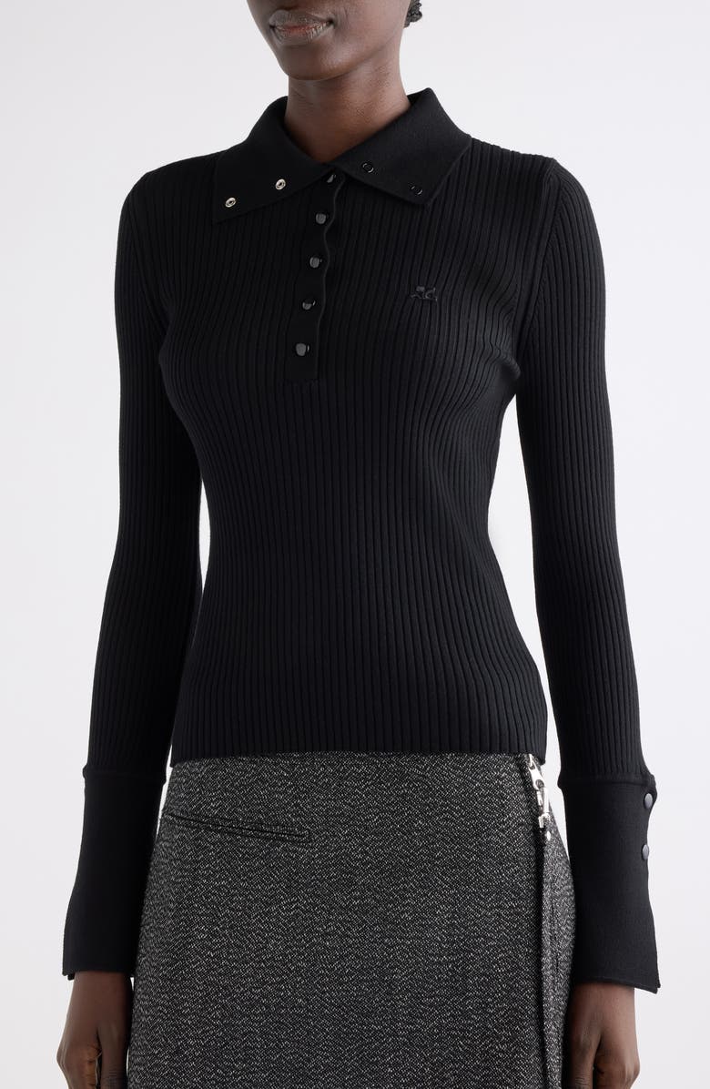 Courrèges Light Rib Cotton & Merino Wool Half Snap Sweater, Alternate, color, Black