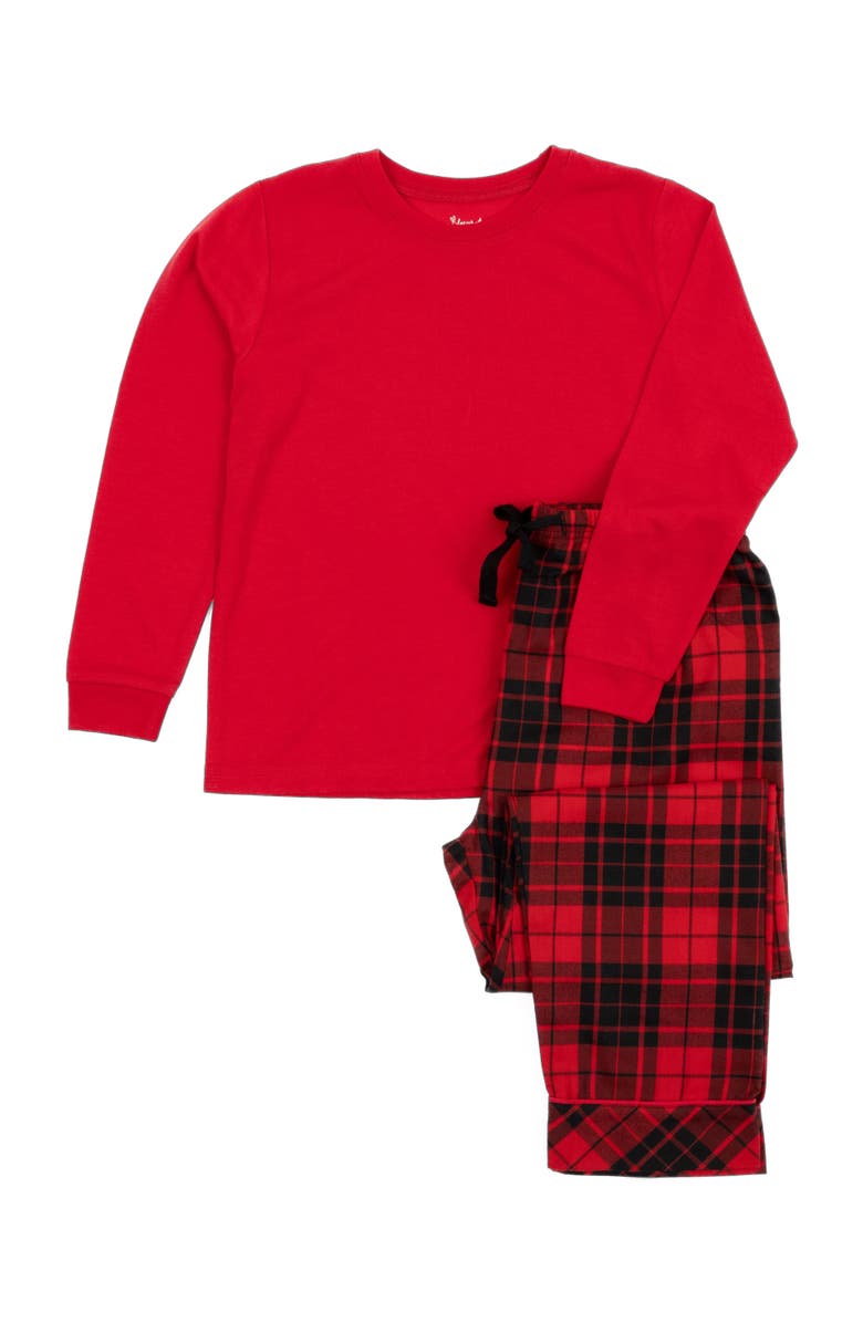 Leveret Kids Flannel Printed Holiday Pajama Set, Alternate, color, Plaid Black & Red