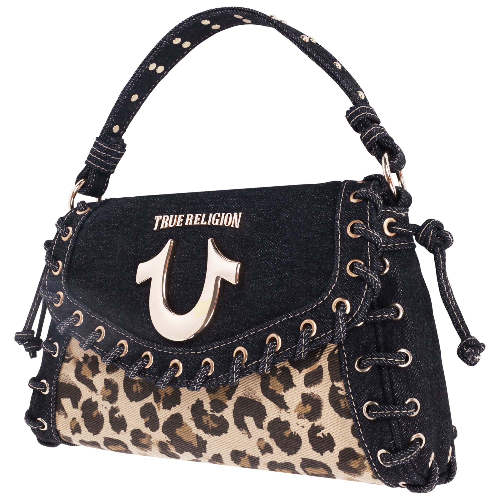 True Religion Denim Leopard Eyelet Trim Flap Bag, Alternate, color, Leopard/Black