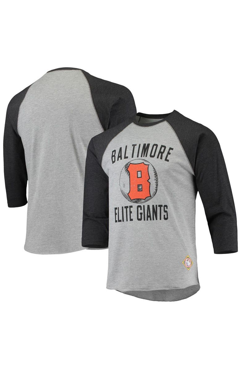 STITCHES Men's Stitches Heathered Gray/Black Baltimore Elite Giants Negro League Wordmark Raglan 3/4-Sleeve T-Shirt, Main, color, Heather Gray
