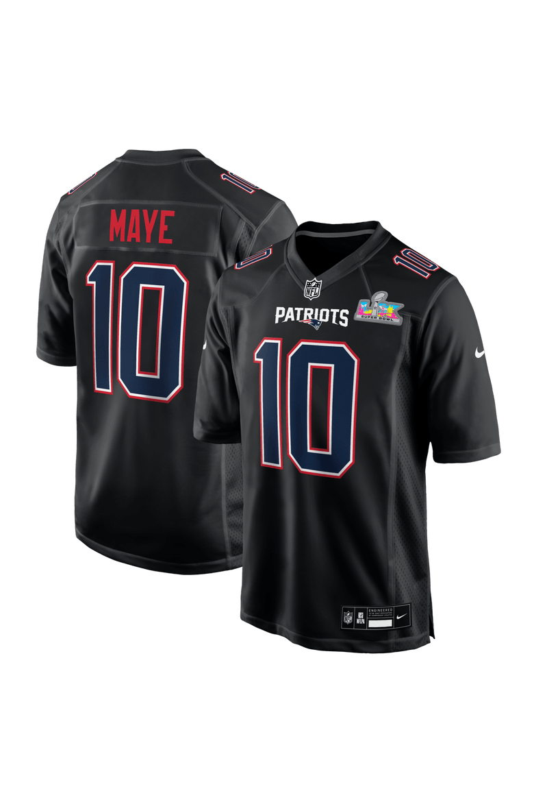 Men's Nike Drake Maye Black New England Patriots Super Bowl LX Patch Carbon Fashion Game Jersey, Main, color, Black