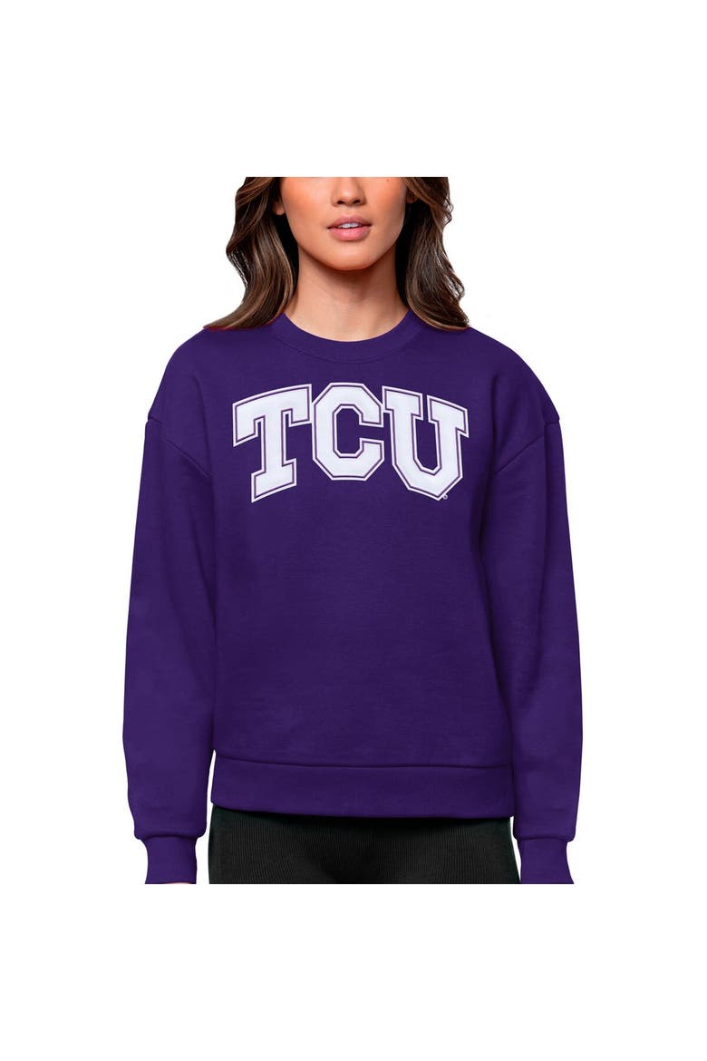 Women's Antigua Purple TCU Horned Frogs Victory Crewneck Pullover Sweatshirt, Main, color, Purple
