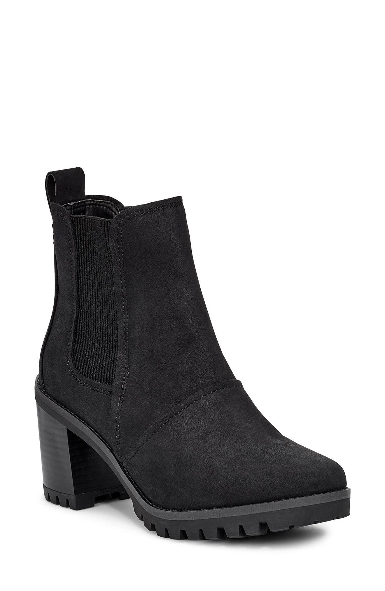 UGG Hazel Waterproof Block Heel Bootie, Main, color, BLACK LEATHER
