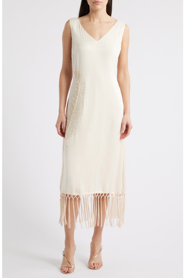 Serita Sleeveless Beaded Fringe Hem Dress, Main, color, CHAMPAGNE/ CREAM