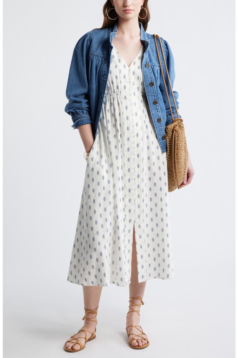Short Sleeve Button Down Linen Blend Midi Dress, Alternate, color, IVORY- BLUE I FOULARD FLOAT