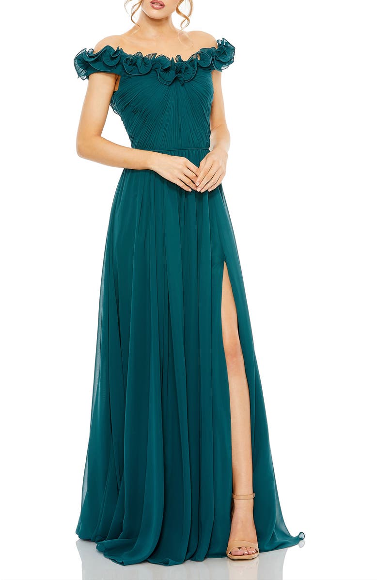 Mac Duggal Ruched Off The Shoulder A Line Gown, Main, color, Teal