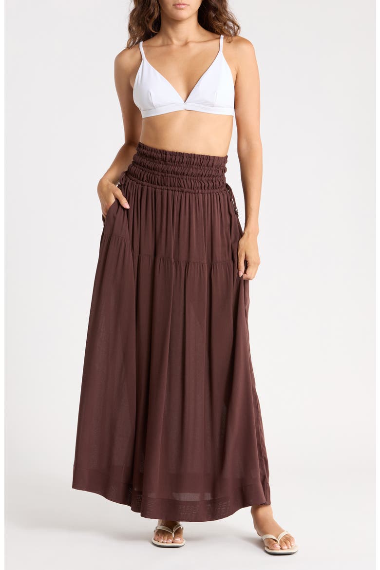 Smocked Waist Maxi Cover-Up Skirt, Main, color, CHOCOLATE