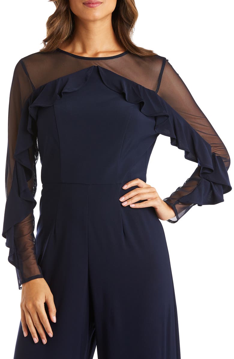 R&M RICHARDS Illusion Mesh Long Sleeve Ruffle Jumpsuit, Alternate, color, 