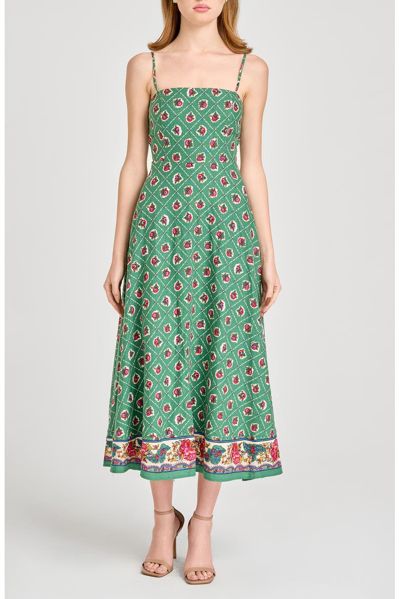Josefina Scarf Print Linen Blend Midi Dress, Main, color, GREEN SCARF