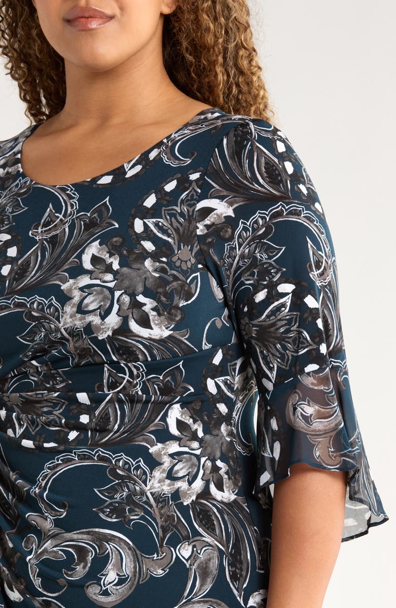 Connected Apparel Bell Sleeve Faux Wrap Dress, Alternate, color, Dark Mallard