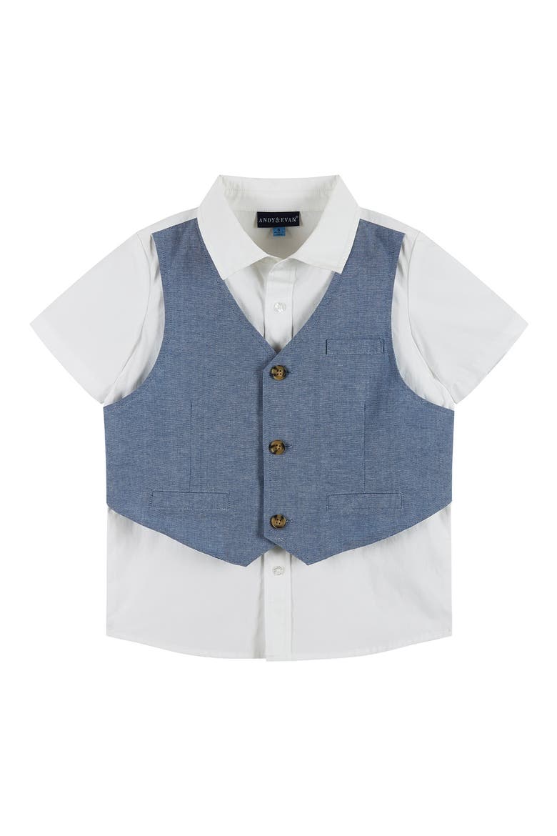 Kids' Attached Vest Dress Shirt, Pants & Bow Tie Set, Alternate, color, BLUE/ WHITE