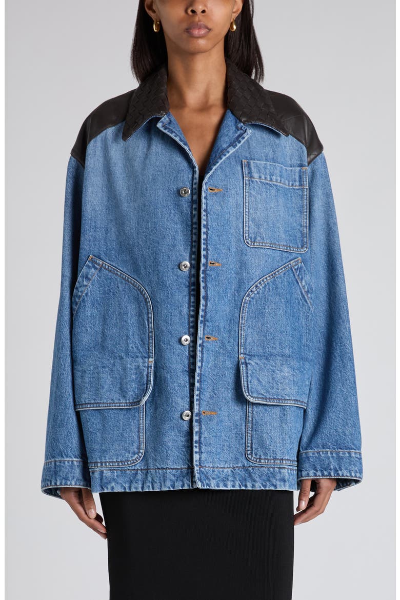 Intrecciato Collar Oversize Indigo Denim Jacket, Main, color, MID BLUE