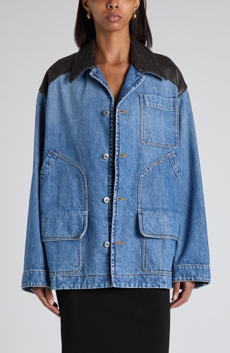 Bottega Veneta Intrecciato Collar Oversize Indigo Denim Jacket, Main, color, Mid Blue