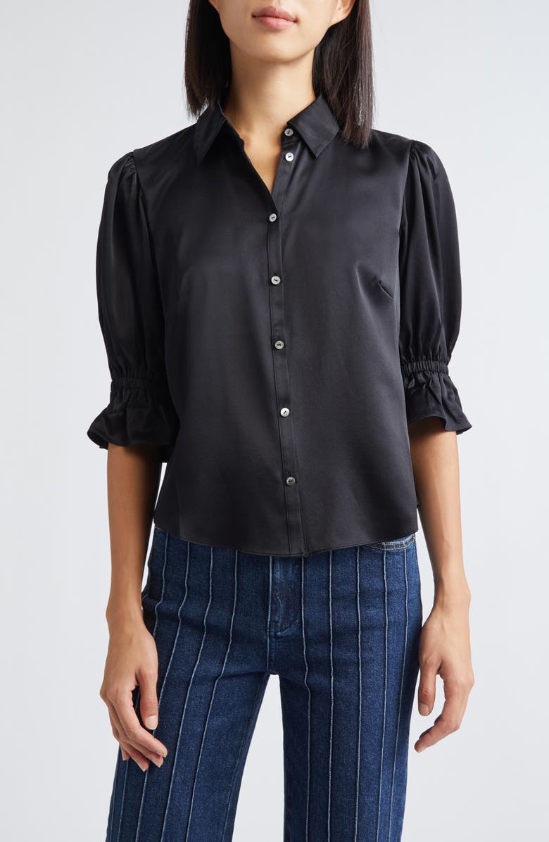 Cinq à Sept Fiona Ruffle Cuff Silk Button-Up Shirt, Main, color, Black