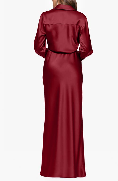 Xscape Evenings Collar Long Sleeve Satin Gown In Burgundy