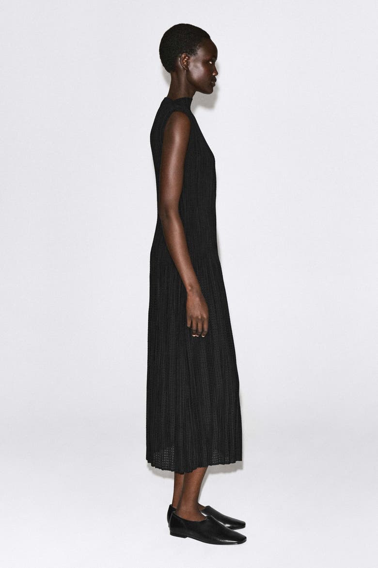 Pleated Jacquard Sleeveless Maxi Dress, Alternate, color, BLACK