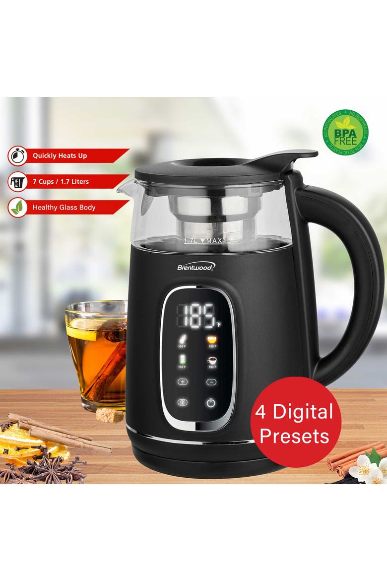 1.7L 1100W Cordless Digital Glass Electric Kettle, Alternate, color, Black