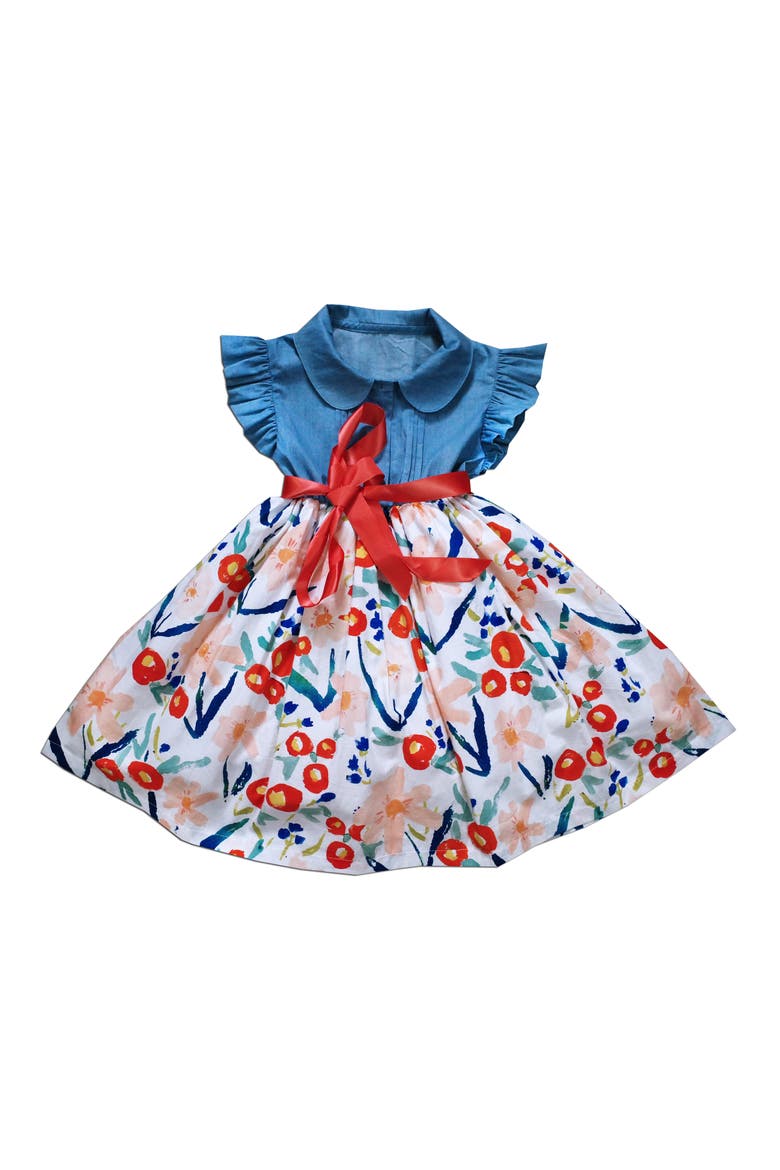 Kids' Flutter Sleeve Mix Print Dress, Main, color, BLUE