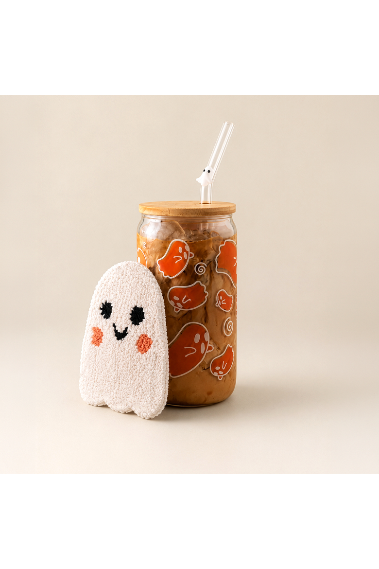 Color-Changing Ghostie Glass Cup Mug Rug & Straw Bundle, Alternate, color, White/Orange (Color-Changing)