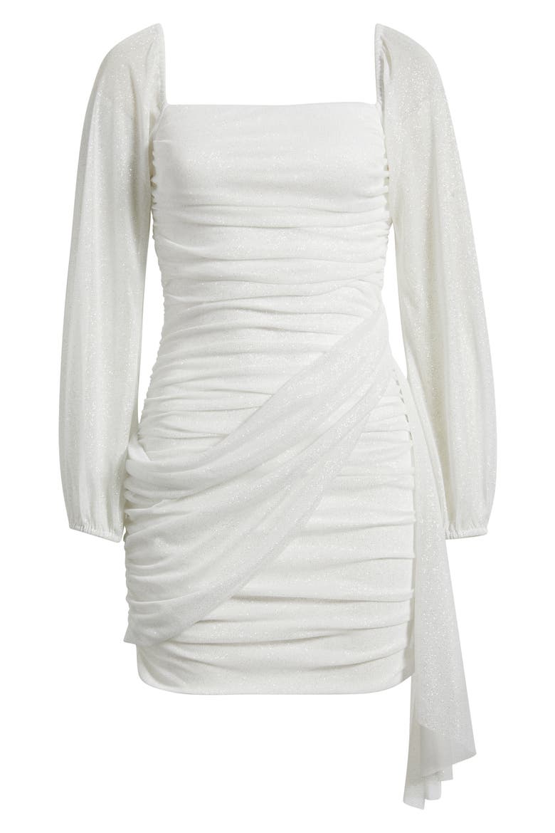 Metallic Drape Front Long Sleeve Minidress, Alternate, color, WHITE