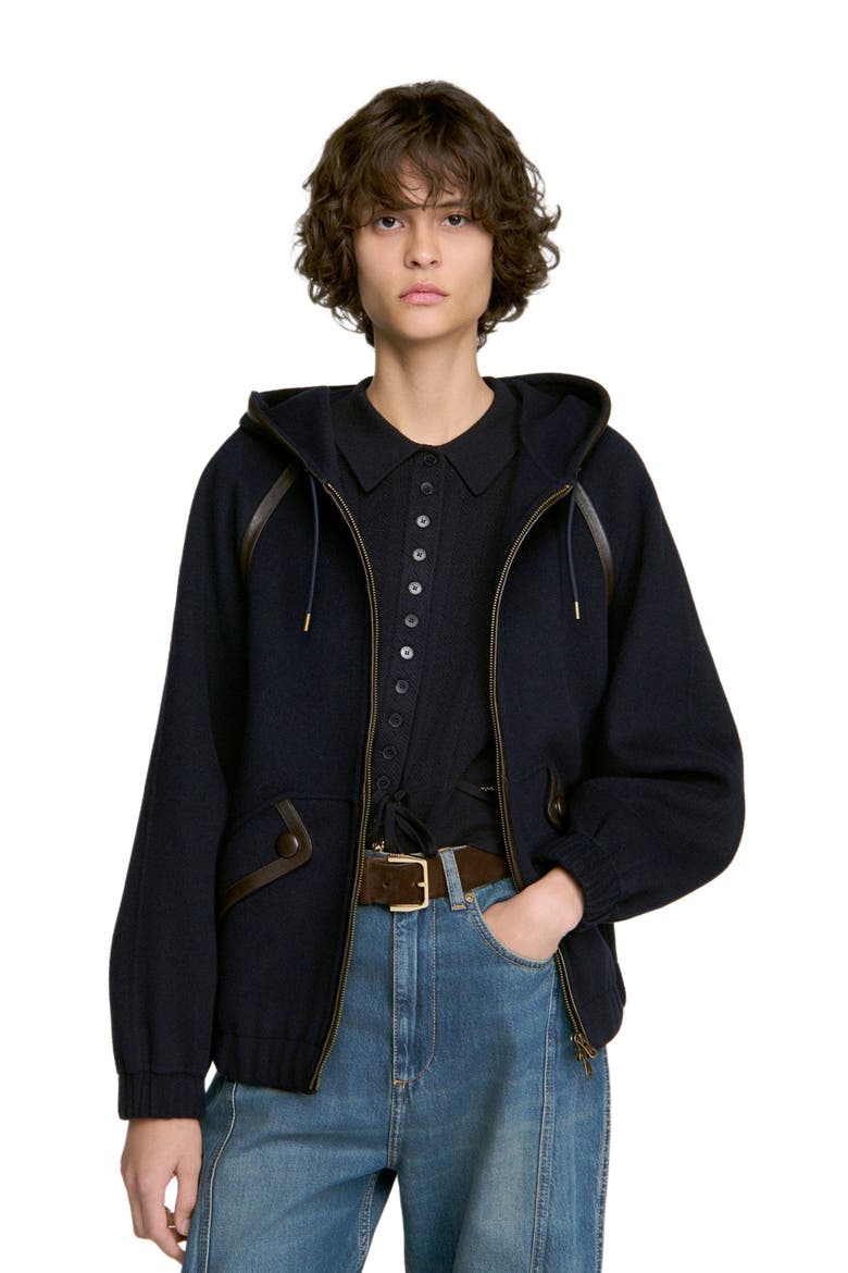 Hooded wool and leather coat, Alternate, color, Navy blue