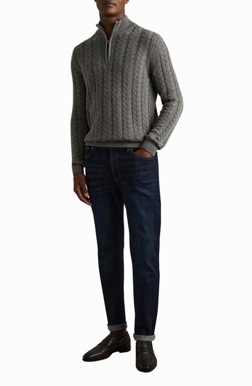 Reiss Mid Grey Melange Tamworth Cabled Zip-neck Jumper With Cotton And Wool
