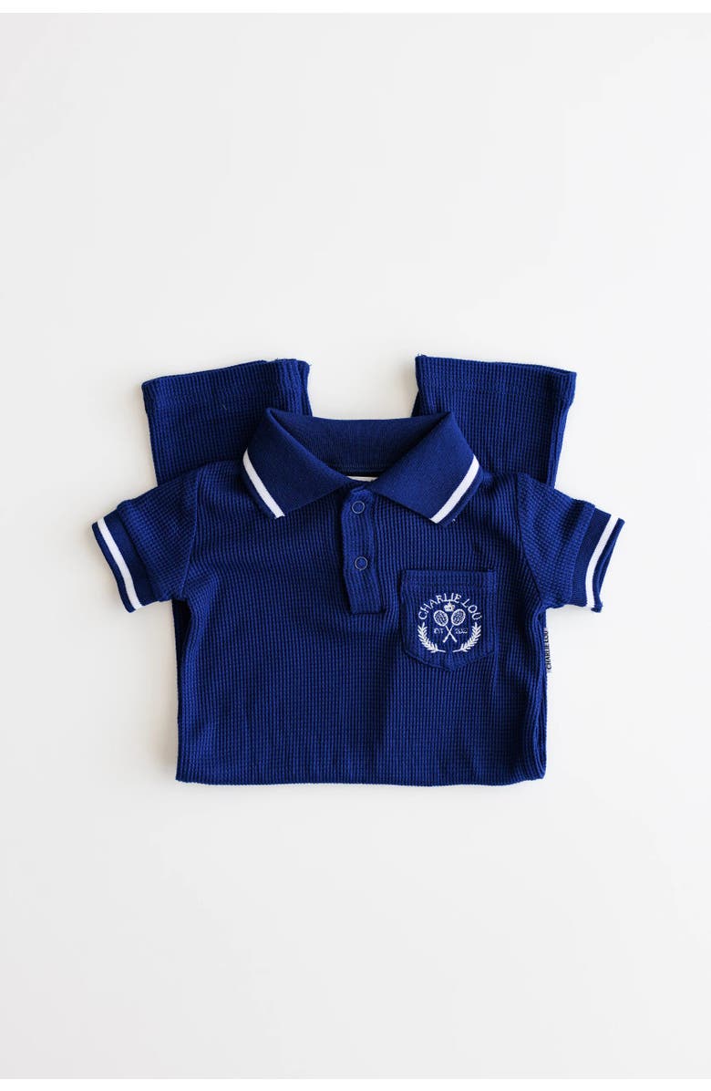 Charlie Lou Baby<sup>®</sup> Waffle Polo Romper, Alternate, color, Navy Blue
