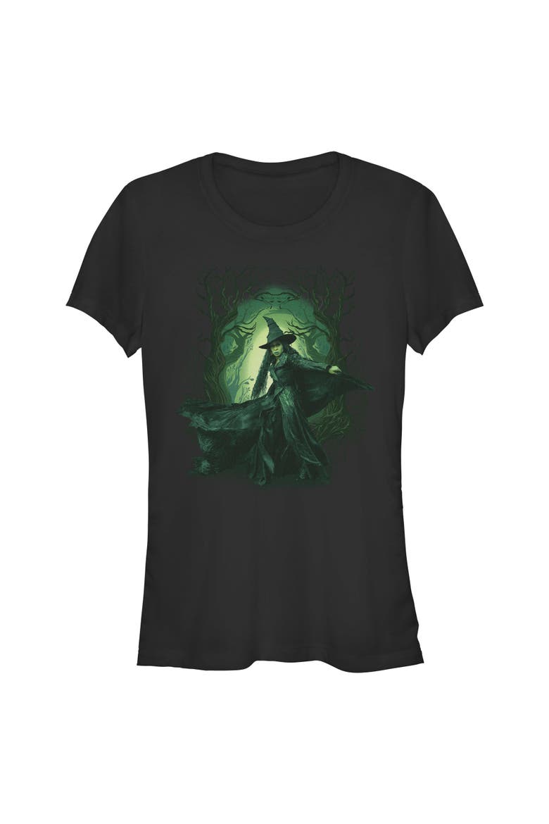 Junior's Wicked For Good Elphaba Green Forest  Graphic T-Shirt, Main, color, Black