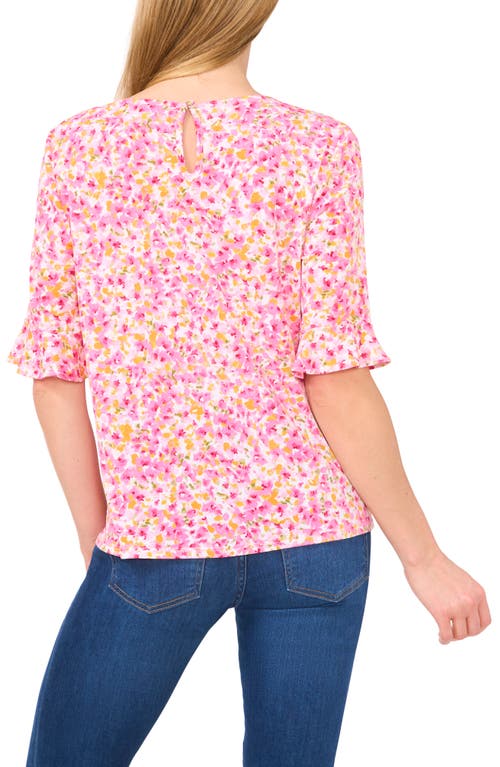 Cece Floral Ruffle Crepe Knit Top In White