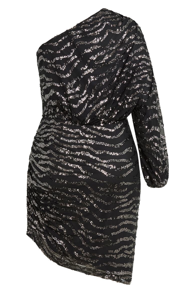 Sequin Stripe One-Shoulder Long Sleeve Dress, Alternate, color, GUNMETAL