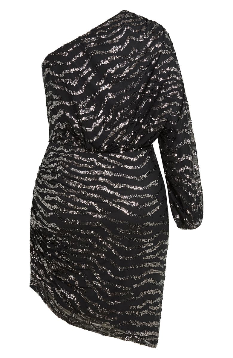 City Chic Sequin Stripe One-Shoulder Long Sleeve Dress, Alternate, color, Gunmetal