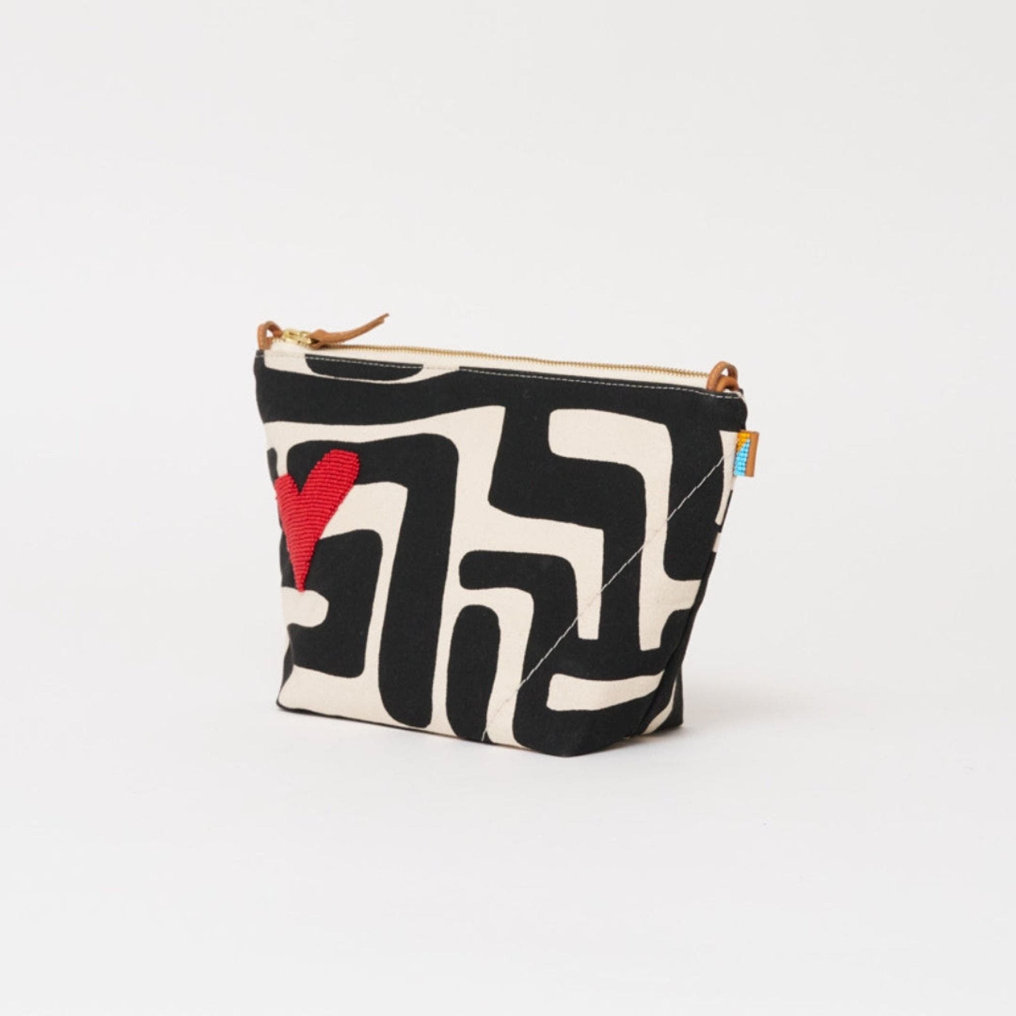 XLarge Convertible Pouch with Strap - Beaded Red Heart, Alternate, color, Black Kuba