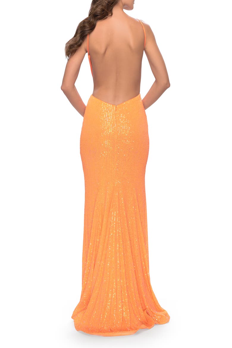 High Neck Long Sequin Gown with Open Back, Alternate, color, Orange