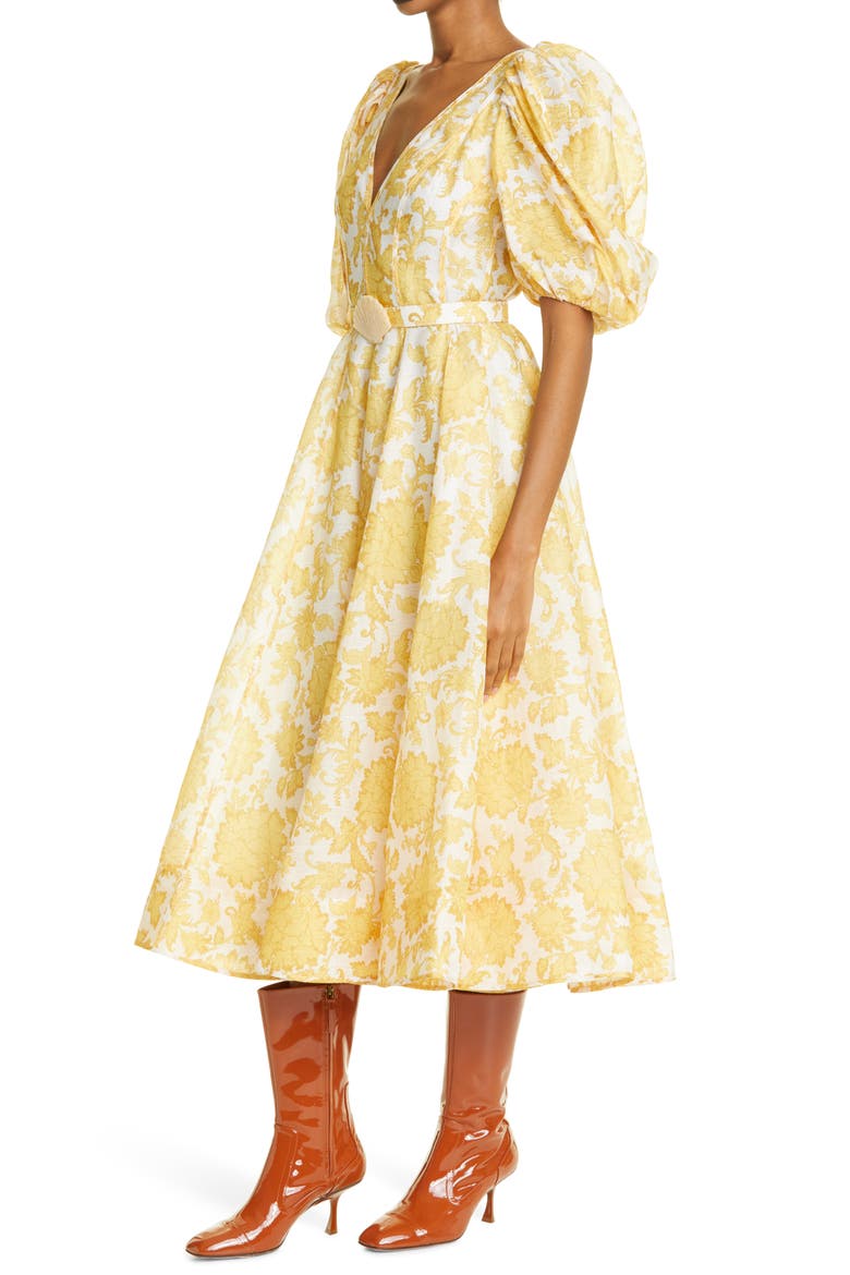Postcard Puff Sleeve Belted Linen & Silk Midi Dress, Alternate, color, YELLOW TONAL FLORAL