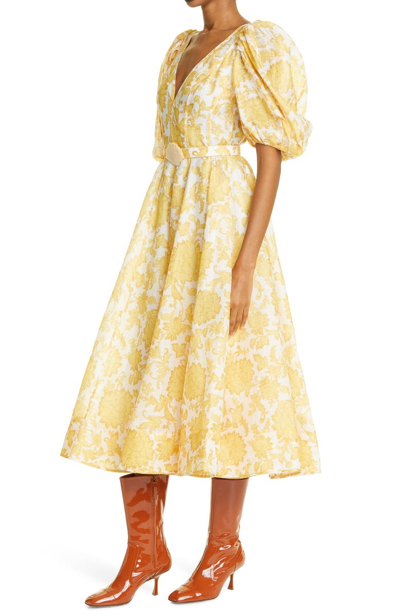 Zimmermann Postcard Puff Sleeve Belted Linen & Silk Midi Dress, Alternate, color,