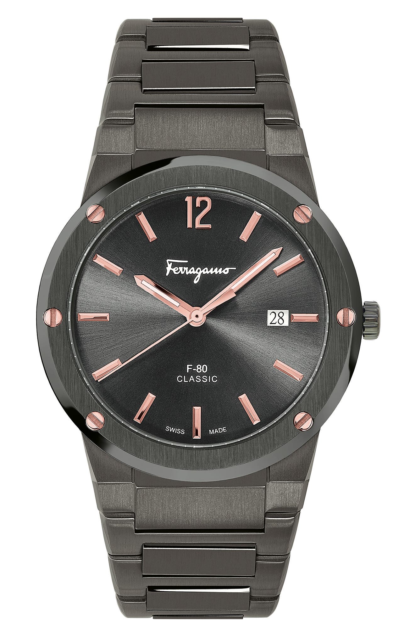 FERRAGAMO Salvatore Ferragamo F-80 Classic Gunmetal Bracelet Watch, 41mm