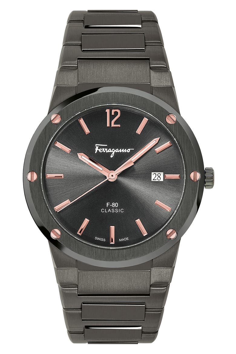 Salvatore Ferragamo F-80 Classic Gunmetal Bracelet Watch, 41mm, Main, color, GREY
