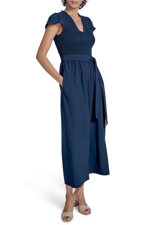 Calvin Klein Smocked Wide Leg Jumpsuit In Blue