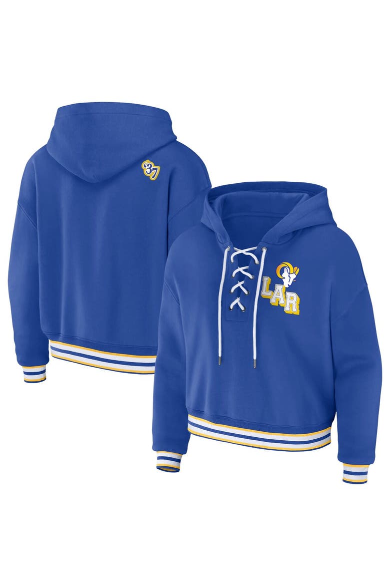 Women's WEAR by Erin Andrews Royal Los Angeles Rams Lace-Up Pullover Hoodie, Main, color, Royal